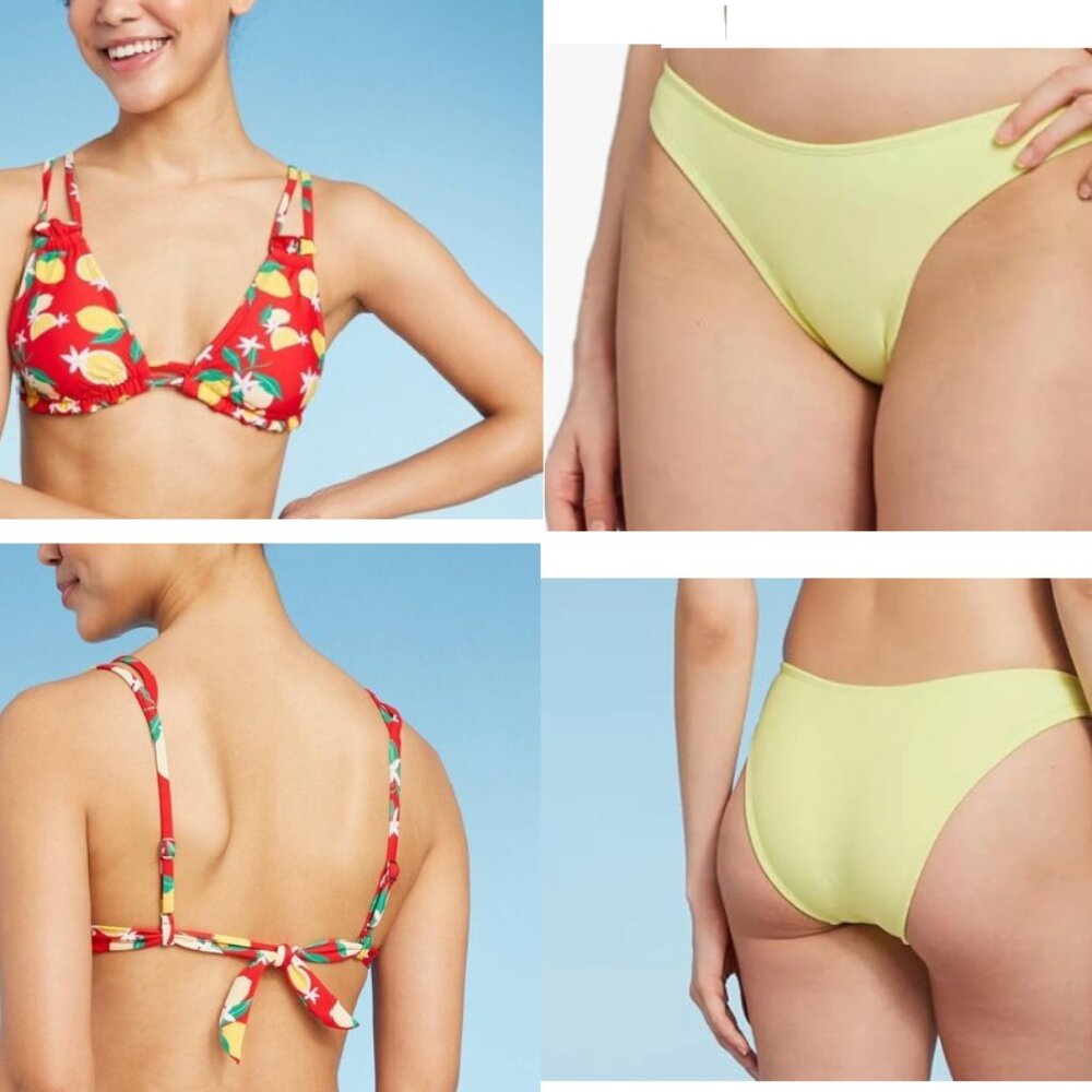 Wild Fable Triangle Bikini Top Red Lemon Print and Cheeky Bikini Bottom Size XS